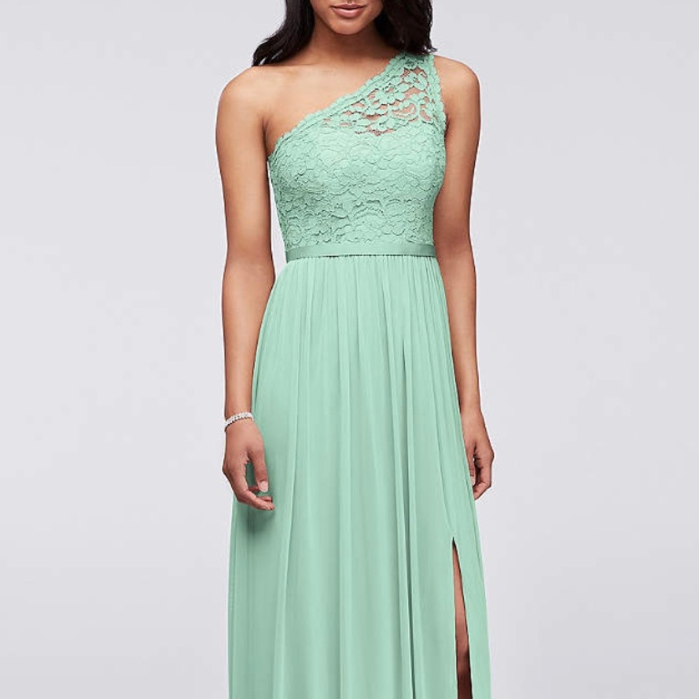 David’s Bridal Long One Shoulder Lace Bridesmaid Dress color mint